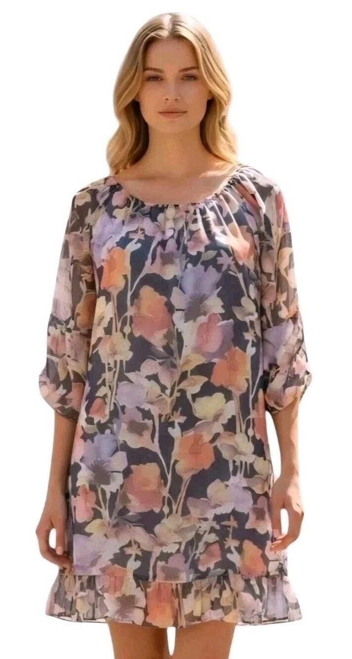 Via Signoria Women's Blue Floral Lined 3/4 Sleeve Formal Party Dress Size Medium